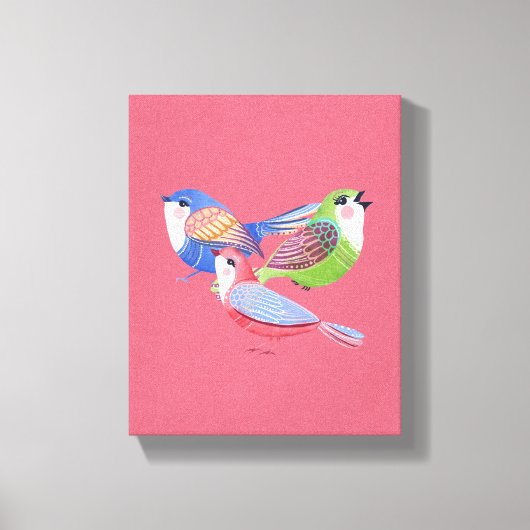 赤と青と緑の鳥のフォークアート キャンバスプリント (正面)