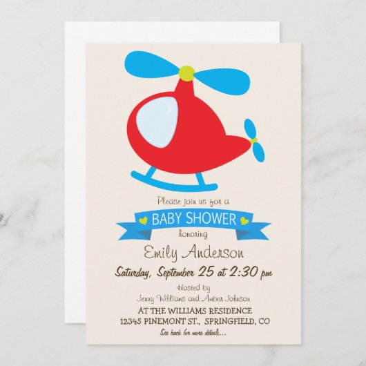 赤と青のおもちゃヘリコプター赤ちゃんシャワー 招待状 (正面/裏面)