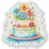 赤と青のお洒落お誕生日ケーキ水色 シール (正面)