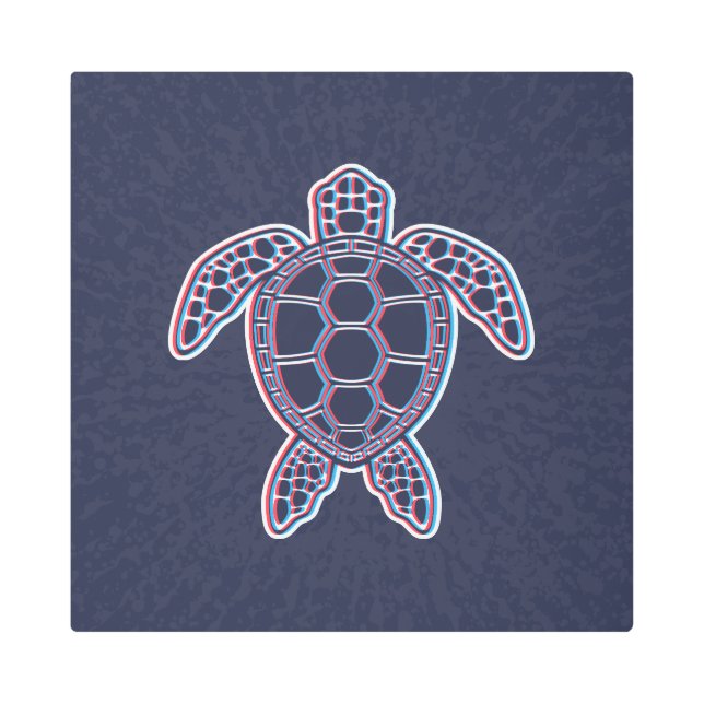 赤と青のアナグリフ3Dグリッチ効果ウミガメ メタルプリント (正面)