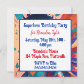 赤と青のアニメのスーパーヒーロー少年誕生日 招待状 (裏面)