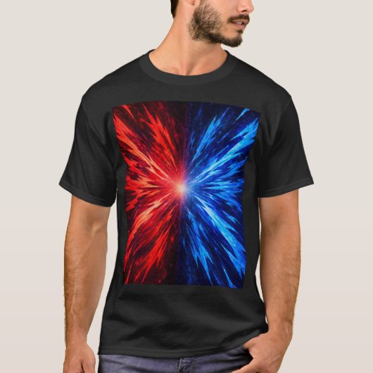 赤と青のエネルギーバーストTシャツ - 抽象的な爆発 Tシャツ (正面)