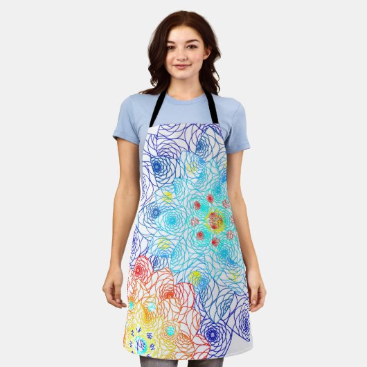 赤と青のカラフルフローラ エプロン (着用した状態)