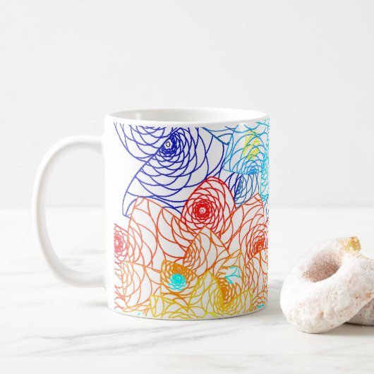 赤と青のカラフルフローラ コーヒーマグカップ (ドーナツ)