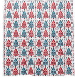 赤と青のクリスマスツリーススカンジナビアフォークアート シャワーカーテン