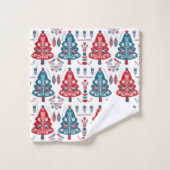 赤と青のクリスマスツリーススカンジナビアフォークアート バスタオルセット (ウォッシュタオル)