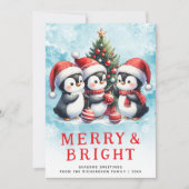 赤と青のクリスマスペンギンメリーと明るい シーズンカード (正面)