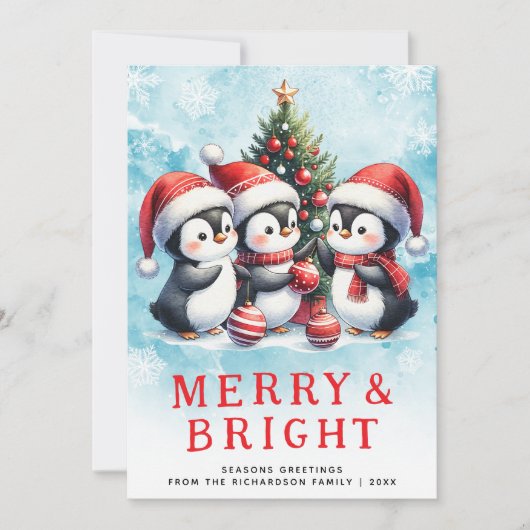 赤と青のクリスマスペンギンメリーと明るい シーズンカード (正面)
