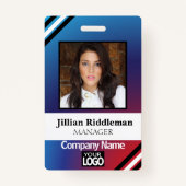 赤と青のグラデーションの写真とロゴバッジ バッジ (正面)