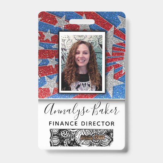 赤と青のグリッターナースUSA写真名 バッジ (正面)