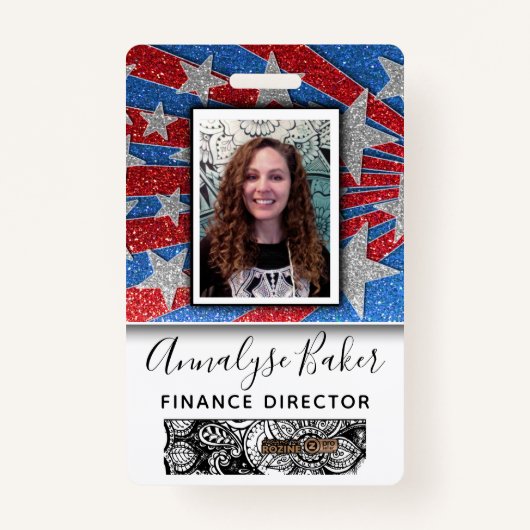 赤と青のグリッターナースUSA写真名 バッジ (正面)