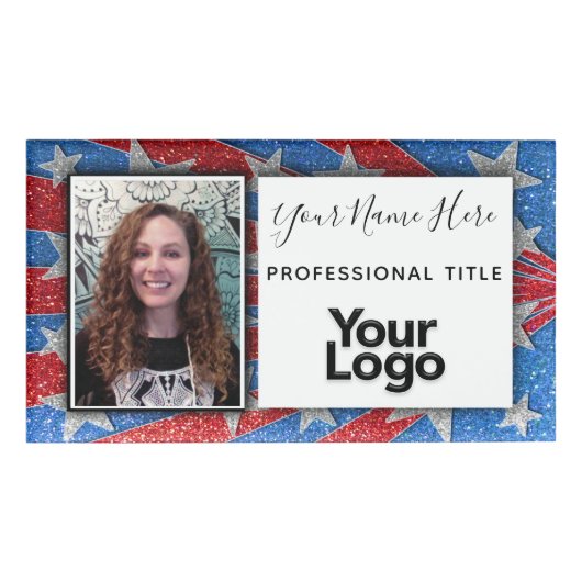 赤と青のグリッターUSA写真社員 名札 (正面)