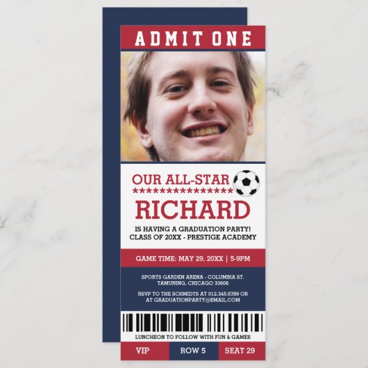 赤と青のサッカー卒業パーティー招待状 招待状 (正面/裏面)