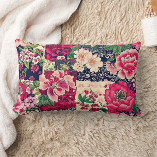 赤と青のシノワリーのパッチワーク ランバークッション