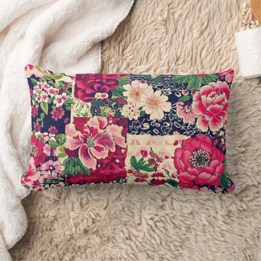 赤と青のシノワリーのパッチワーク ランバークッション (ブランケット)