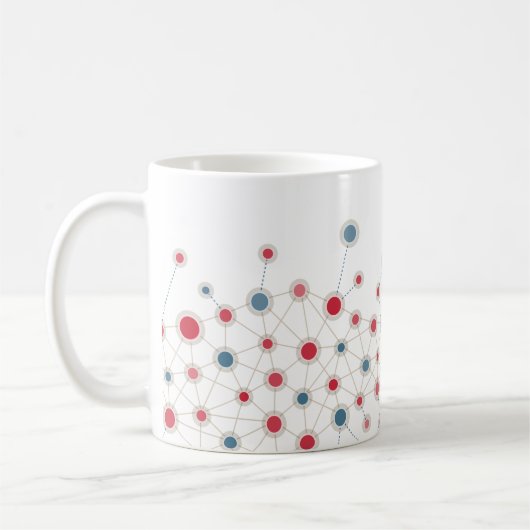 赤と青のジオメトリック線とドットのデザイン コーヒーマグカップ (左)