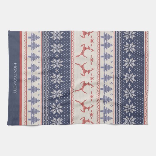 赤と青のスカンジナビア様式カスタム キッチンタオル (横)