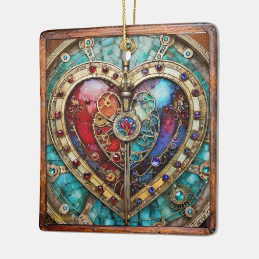 赤と青のステンドグラスハートスチームパンクシリーズ セラミックオーナメント (左)