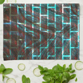 赤と青のステンド、グリッドまたはスクラッチのレンガ効果 キッチンタオル