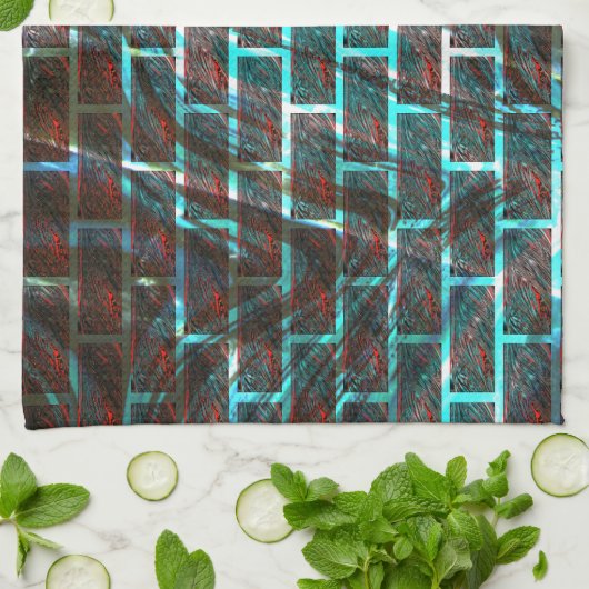 赤と青のステンド、グリッドまたはスクラッチのレンガ効果 キッチンタオル (折り畳み)