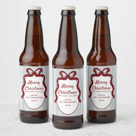 赤と青のストライプとリボンのフレーム クリスマス ビールラベル