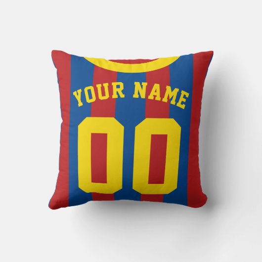 赤と青のストライプサッカージャージーの名前と番号 クッション (裏面)