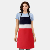 赤と青のストライプ エプロン (着用した状態)