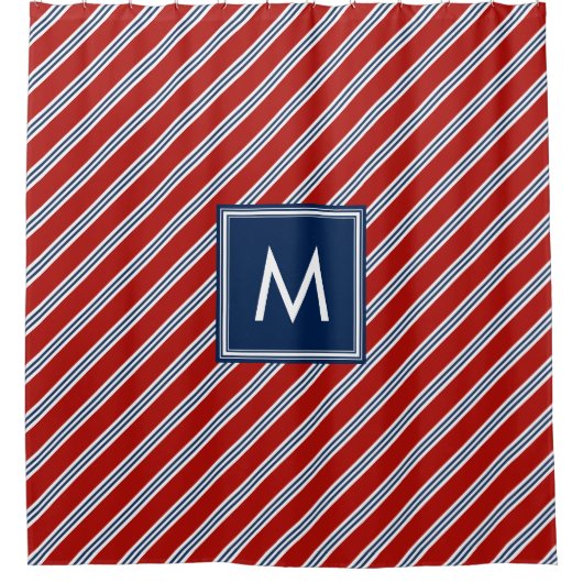 赤と青のストライプ シャワーカーテン (正面)