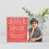 赤と青のストライプLDSバプテスマ発表 招待状 (スタンド正面)