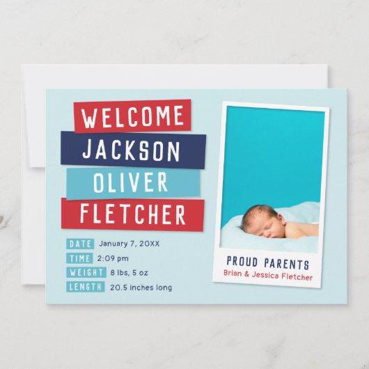 赤と青のスナップショット2写真の誕生のお知らせ 案内状 (正面)