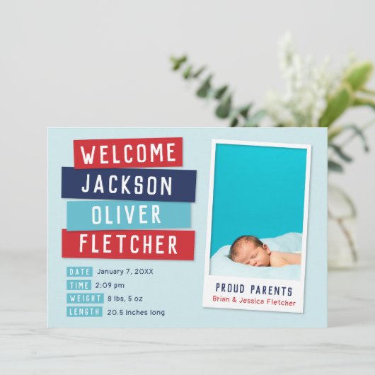 赤と青のスナップショット2写真の誕生のお知らせ 案内状 (スタンド正面)