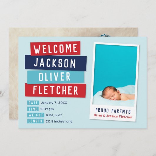 赤と青のスナップショット2写真の誕生のお知らせ 案内状 (正面/裏面)