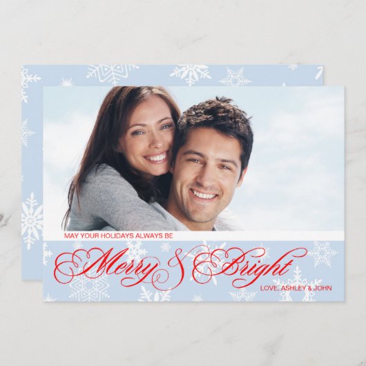 赤と青のスノーフレーク写真クリスマス シーズンカード (正面/裏面)