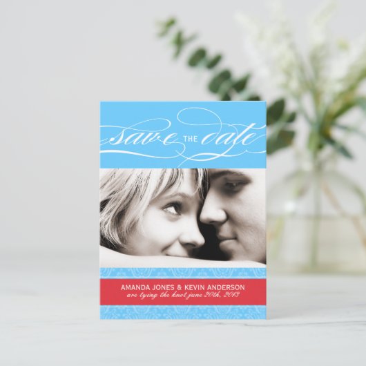 赤と青のダマスク日付を保存 案内ポストカード (スタンド正面)