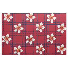 赤と青のチェックの白い花 ファブリック