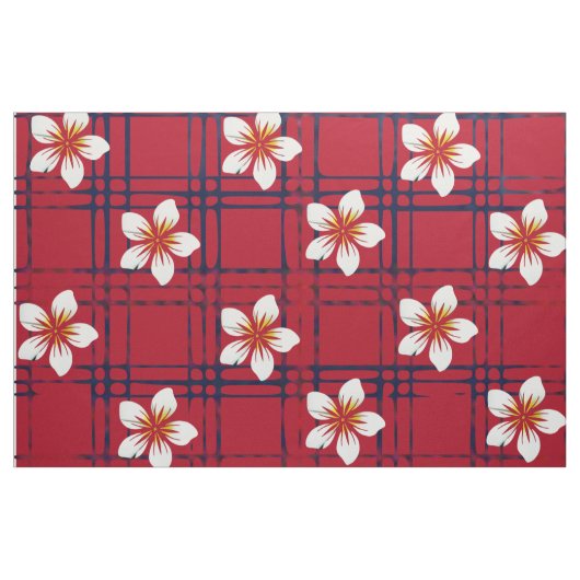 赤と青のチェックの白い花 ファブリック (ヤード)