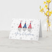 赤と青のノーム3人がメリークリスマスを祝う雪の結晶 カード (黄色い花)