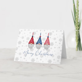 赤と青のノーム3人がメリークリスマスを祝う雪の結晶 カード