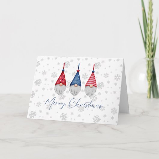 赤と青のノーム3人がメリークリスマスを祝う雪の結晶 カード (正面)