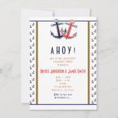 赤と青のハートの錨 Nautical Beach 婚約 招待状 (正面)