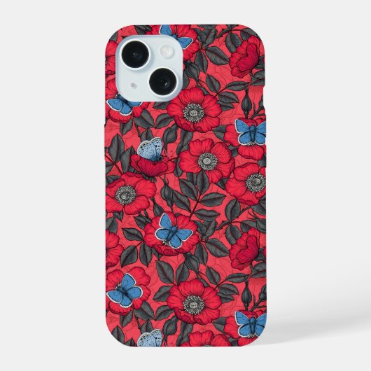 赤と青のバラと蝶 iPhone 15ケース (裏面)