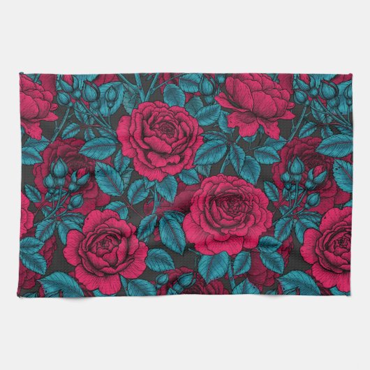赤と青のバラ キッチンタオル (横)