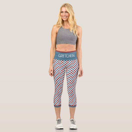 赤と青のパター市松模様にンカスタム カプリレギンス (正面)