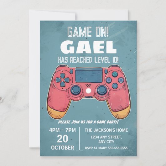 赤と青のビデオゲームの子供の誕生日パーティー 招待状 (正面)