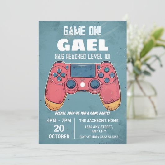 赤と青のビデオゲームの子供の誕生日パーティー 招待状 (スタンド正面)