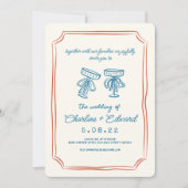 赤と青のファンキースケッチ手書き結婚の 招待状 (正面)