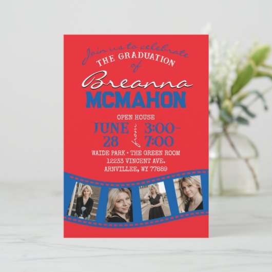 赤と青のフィルムストリップ5写真卒業 招待状 (スタンド正面)