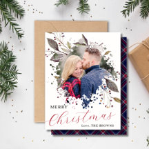 赤と青のブルーファーロー柄 フォト フラット ホリデー カード