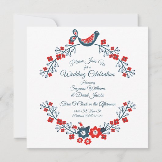 赤と青のペイズリーラブバード結婚ズ 招待状 (正面)