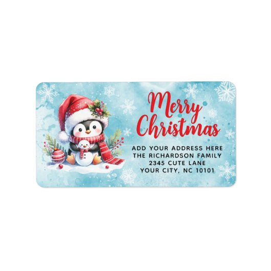 赤と青のペンギンのパーソナライズされたクリスマス ラベル (正面)